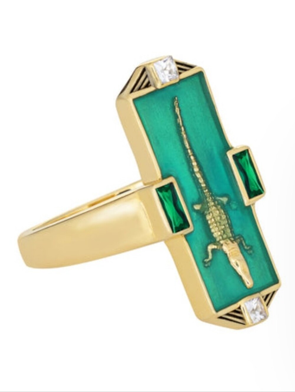 Gold Ring with Turquoise Green Inlay and Cross Accent - Picture 2 of 14